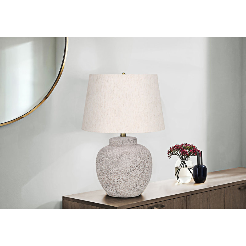 Lampe de table moderne en béton crème avec abat-jour en lin ivoire et éclairage réglable à 3 voies