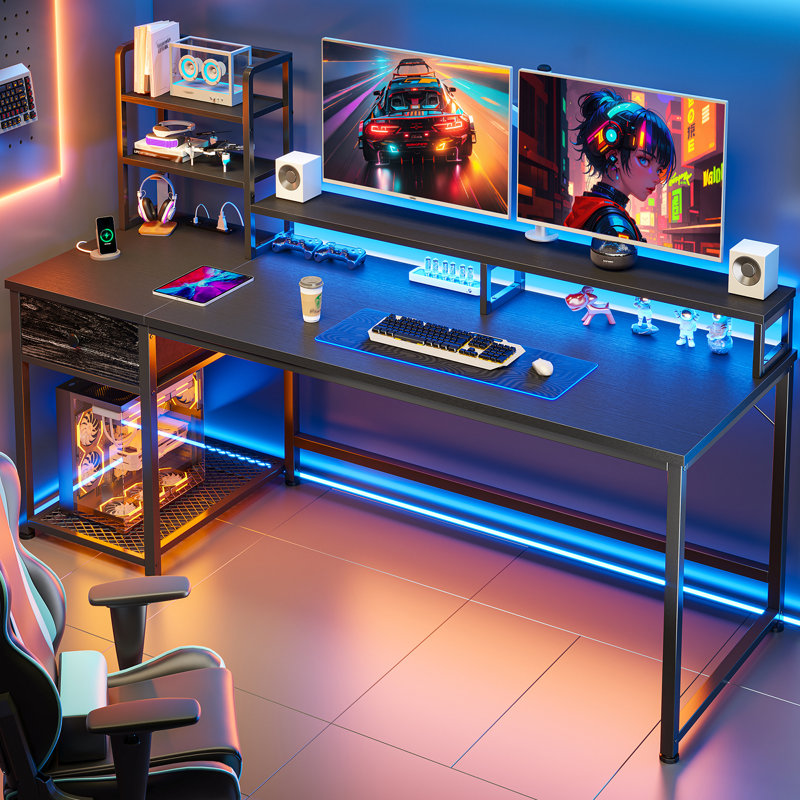 Computer Desk With  Led Lights And Power Outlets, Gaming Desk With Monitor Stand,Home Office Writing Desk With Storage And 2 Shelves