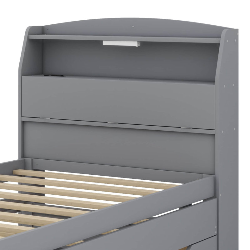 Twin Size Wooden LED Platform Bed Including Pull-Out Trundle, Storage Headboard, And Drawer Units, Grey