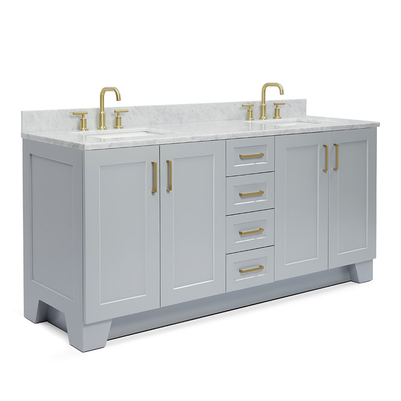Freitas 73'' Solid Wood Double Bathroom Vanity in Grey with 0.75'' Carrara Marble Top, Center, Rectangle Sink, Gray, 73"