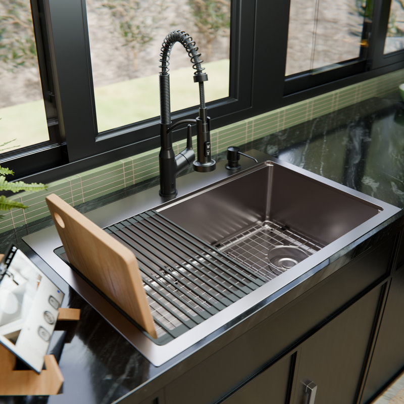 Karran Fusion Top Mount 33-in x 22-in Stainless Steel Extra-Large Single Bowl Workstation Kitchen Sink