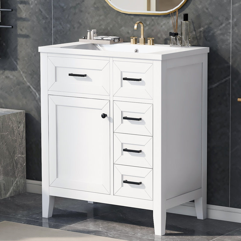 Ensemble de meuble-lavabo 30 po avec lavabo, armoire de salle de bain blanche avec tiroirs, cadre solide et panneau de fibres à densité moyenne (ancien numéro de référence: N725S999222K)