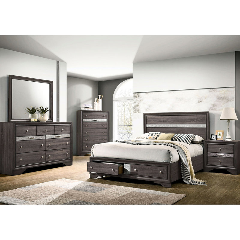 Table de chevet 3 tiroirs en bois gris avec doublures argentées