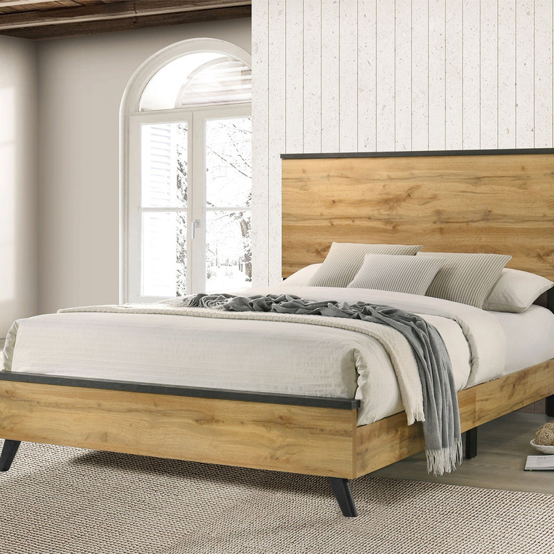 Lit à panneau très grand Mid-Century moderne avec grain de bois rustique brun et pin naturel vieilli, placage, ajout de grain décoratif pour chambre à coucher avec style, finition, placage