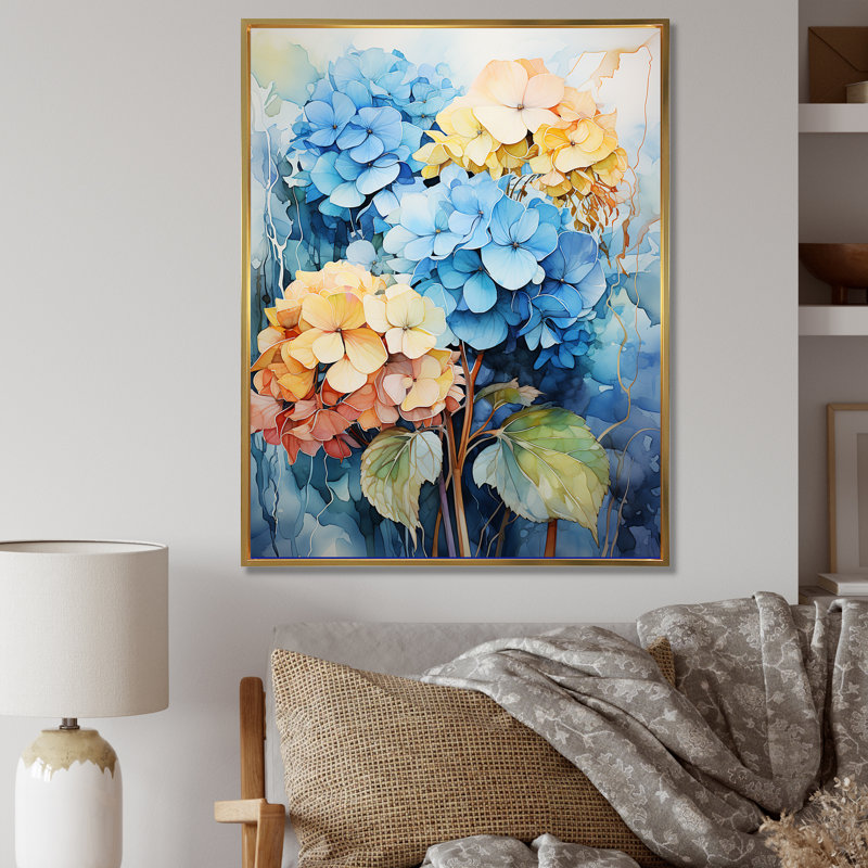 Hydrangea Blooms en bleu et jaune, reproduction sur toile, Cadre flottant doré, H 32 po x l 24 po x P 1 po