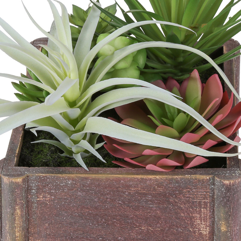 Lot de 2 plantes succulentes artificielles, 25 cm de hauteur, fausse verdure avec pots en bois brun pour la décoration de table