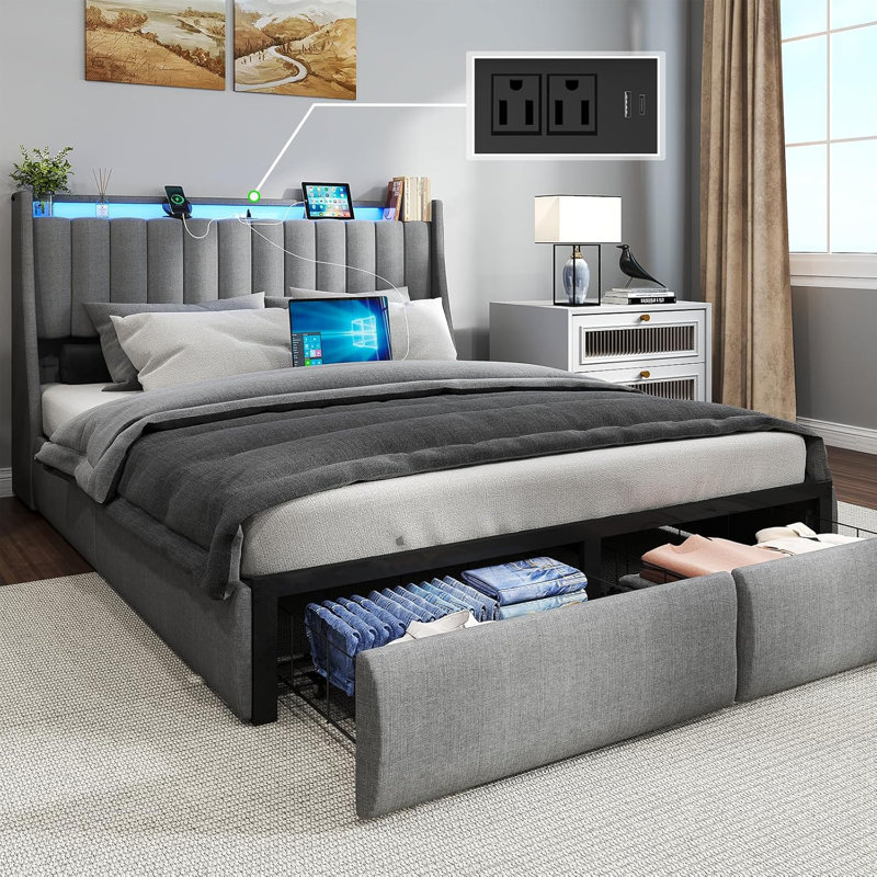 Upholstered LED Bed Frame with 2 Drawers, Bed with Storage Headboard and Charging Station