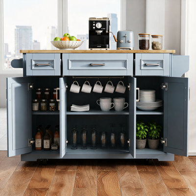 54.2-Inch Large Kitchen Island, Rubberwood Folding Countertop, Embossed Texture, 4-Wheel Movement, 4 Doors, 3 Drawers, Storage, Suitable For Kitchen And Dining Area, Gray-Blue.