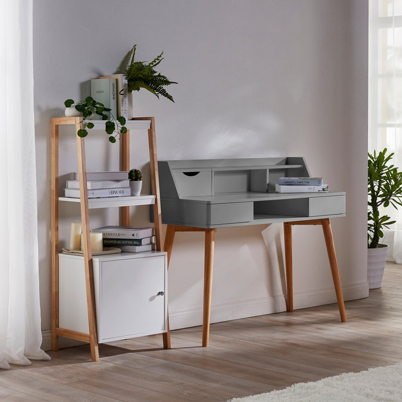 Light Gray Wooden Writing Desk with Hutch and Drawers