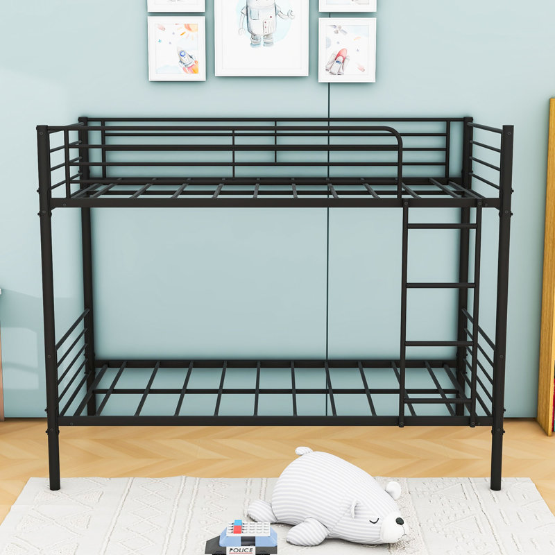 Twin Over Twin Bunk Bed Metal Frame With Ladder And Guardrails, Black