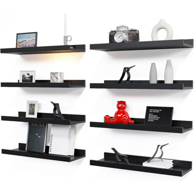 Floating Wall Shelves Set Of 8 With Safety Lip - Space Saving Storage For Nursery, Bedroom, Bathroom, Kitchen - Durable Engineered Wood