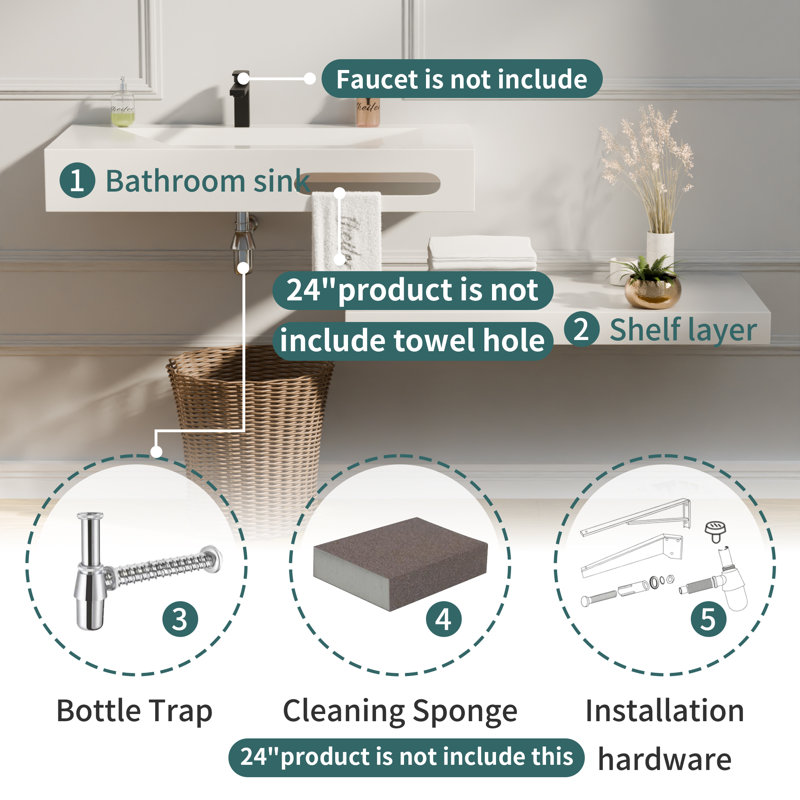 40" x 19” Double Layers Floating Vanity Stone Resin Wall-Mounted Vessel