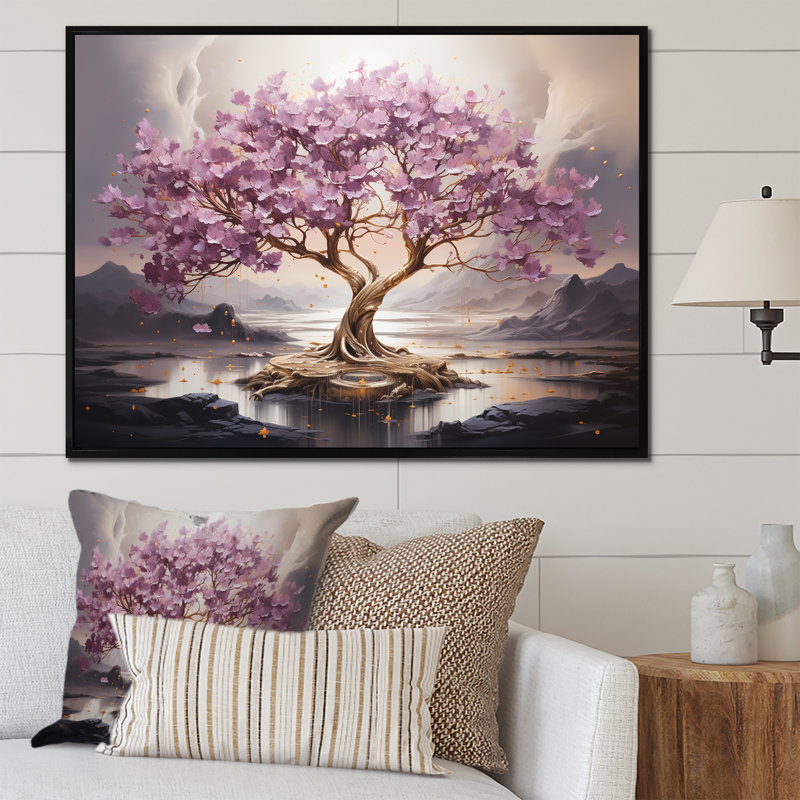 Fleur de cerisier mauve au bord du lac I - Art mural cerisier en fleurs, Cadre flottant noir, H 30 po x l 40 po x P 1,5 po