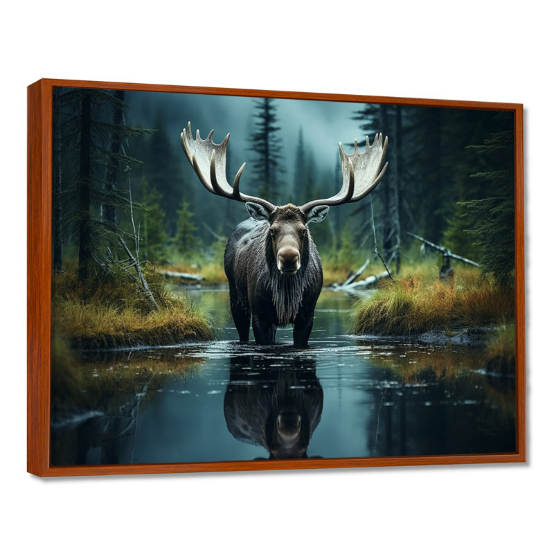 «Green Moose Forest Dusk», art mural orignal, H 34 po x l 44 po, Brown Floater Framed
