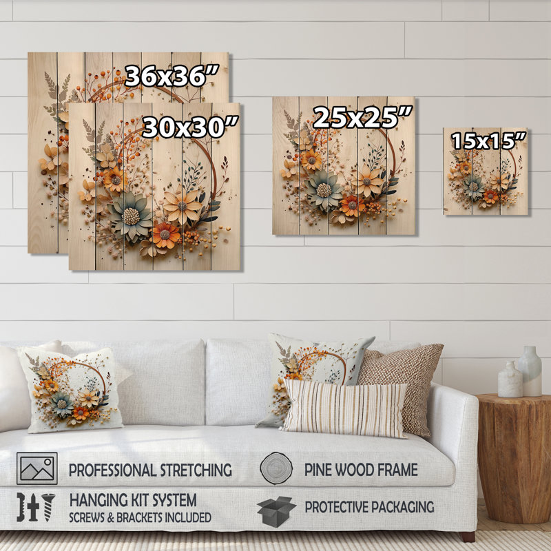 Couronne florale beige et orange Kaydynce I sur bois, H 25 po x l 25 po x P 0,78 po