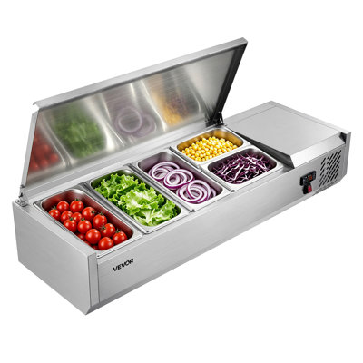 Unité de préparation de comptoir réfrigérée 26,4 pte ETL, pour bar à salade commercial, 160 W, avec casseroles 3 x 1/3 et 2 x 1/4, dégivrage automatique, contrôle de la température, couvercle en acier inoxydable