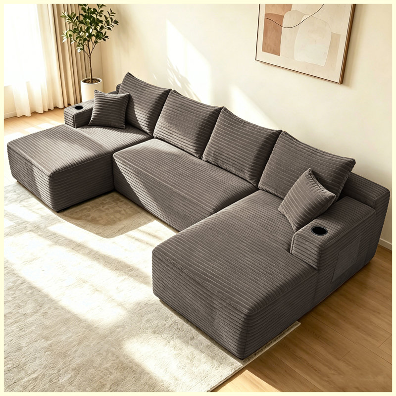 Canapé modulaire 133 po en forme de U avec nuage, siège modulaire rembourré en tissu moelleux sans assemblage requis, porte-gobelets intégrés, poches de rangement latérales pour le salon, chameau