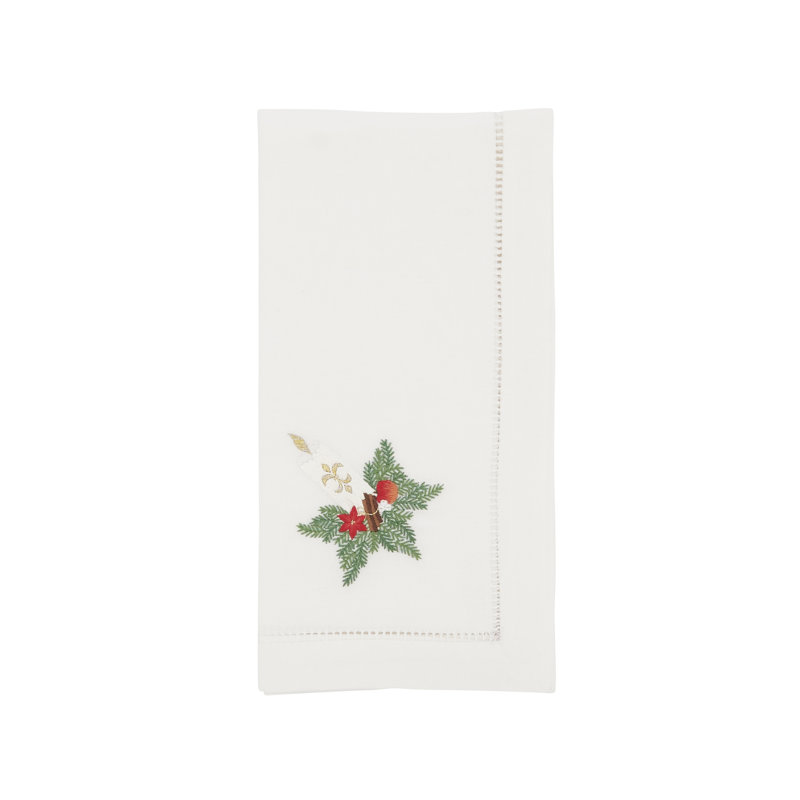 White Cotton Festive Candle Embroidered Napkins, Set of 6