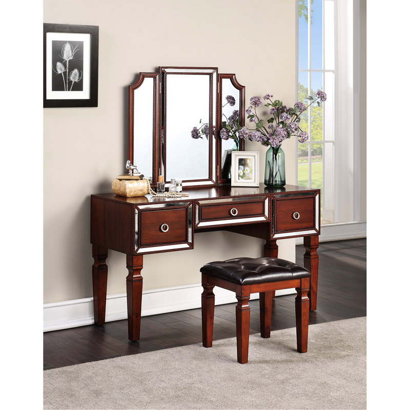 Meuble-lavabo traditionnel en cerisier avec tabouret, 3 tiroirs de rangement et miroir réfléchissant de luxe