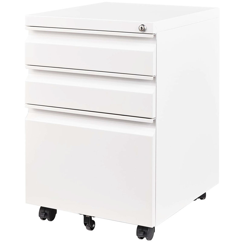 Classeur en métal blanc à 3 tiroirs verrouillables. Entièrement assemblé pour les besoins du bureau. Format lettre/légal/A4. Protection optimale. Les tiroirs comprennent un porte-crayons amovible. Facile à déplacer grâce à ses 5 roulettes.