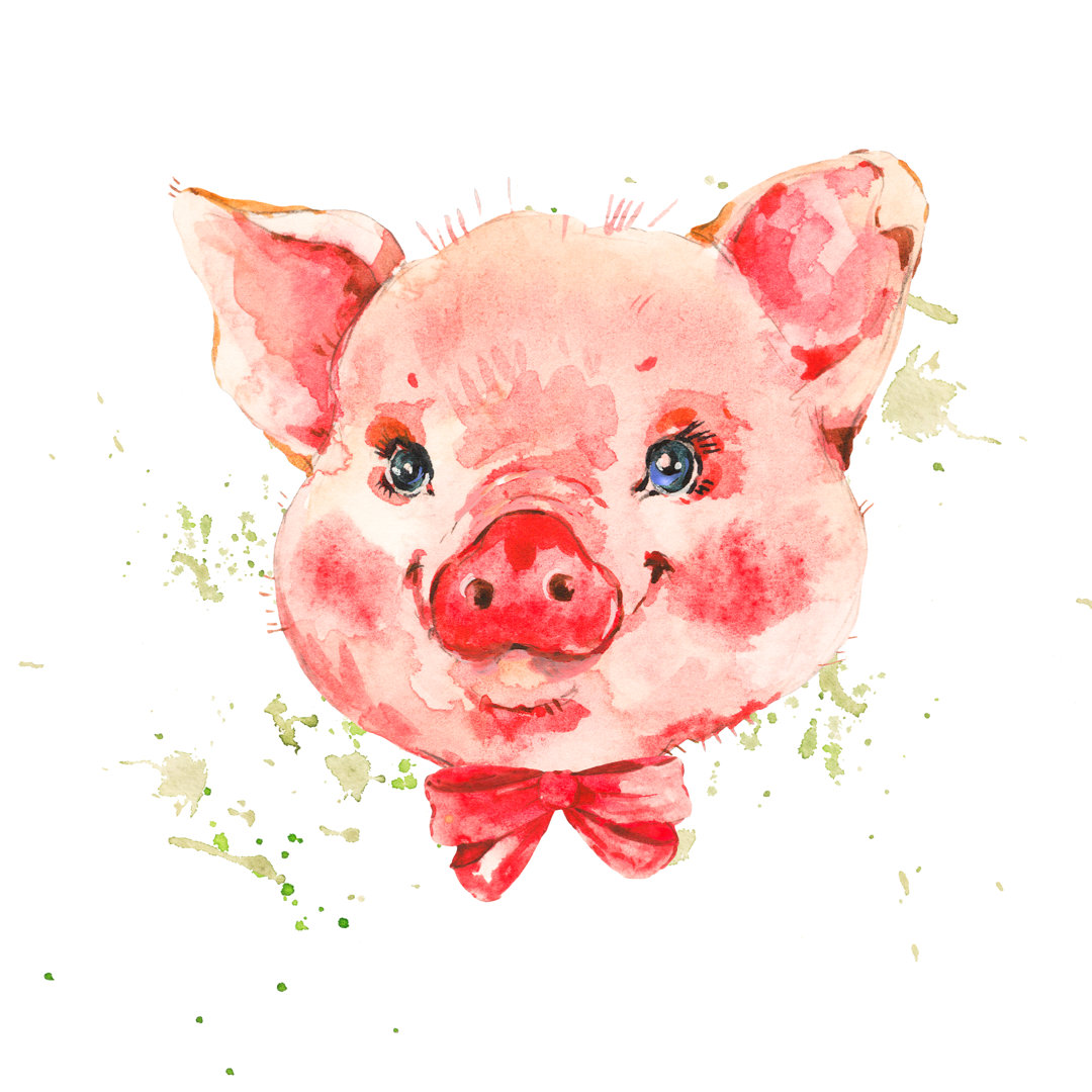 Niedliches Aquarellschweinchen mit roter Schleife von Varvara Kurakina - Leinwandbild