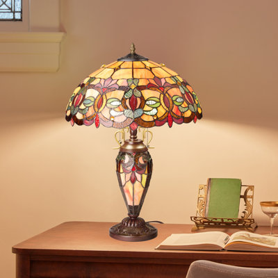 24.5"H Victorian Amber Dome Shade Double Lit Tiffany-Style Stained Glass Table Lamp