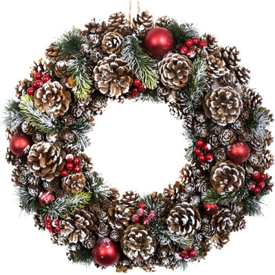 Christmas Hanging Wreath Medium - Festive Pine Cone Display with White Frosting White