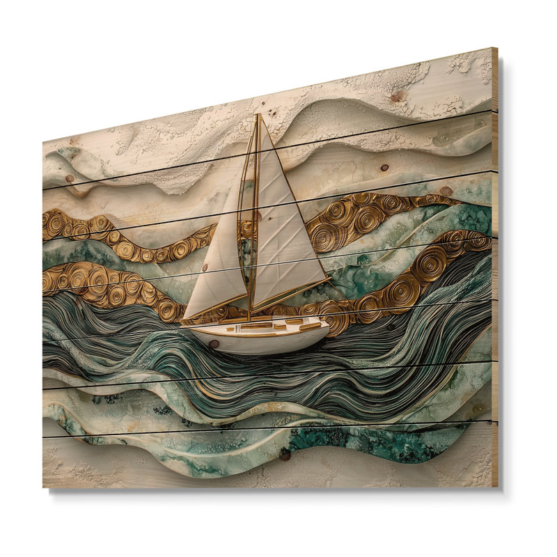 Voilier doré sur l'océan Emerald III - décoration murale bateau en bois - sur bois de pin naturel