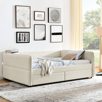 Queen Size, Upholstered Daybed, Trundle, 2 Drawers For Storage, Beige Boucle Material, Vertical Stripe On Back, Comfortable Foam Sides, Simple Assembly Setup Storage Units, Boucle, Pattern , Optimal