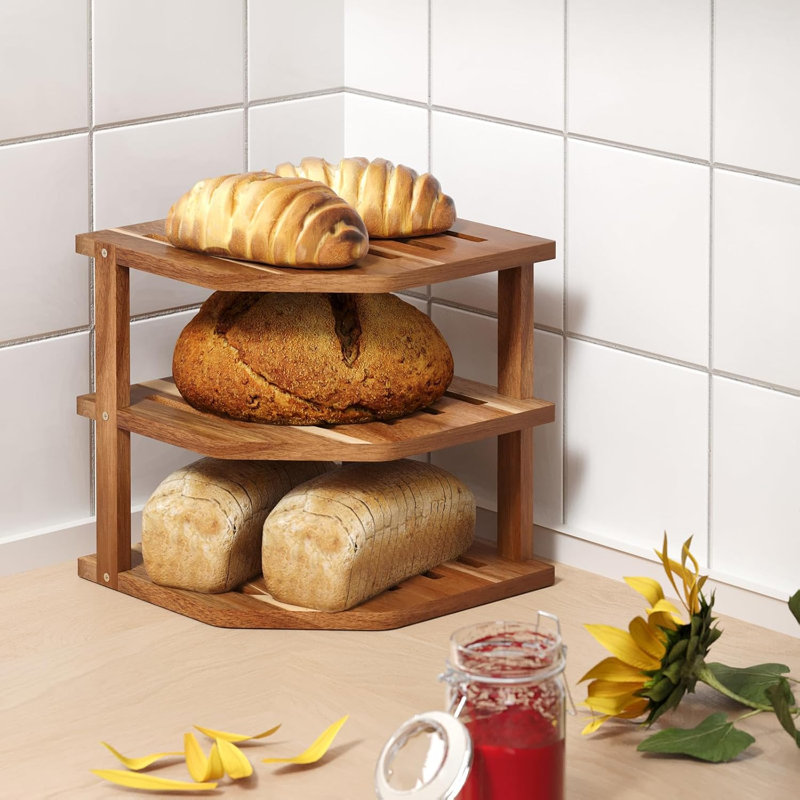 Ensemble de 2 tablettes de coin en bois d'acacia à 3 niveaux pour comptoir et armoire | Rangement pour garde-manger, support à vaisselle, support à épices, organisateur de coin, tablettes de comptoir de cuisine, rangement de cuisine, assiettes