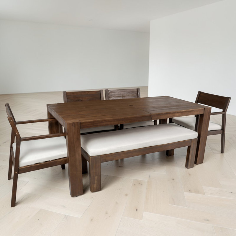 Ensemble de table de salle à manger 6 pièces avec banc, table de salle à manger longue avec trou pour parasol, bois massif, fauteuils rembourrés, style campagnard moderne, utilisation à l'extérieur