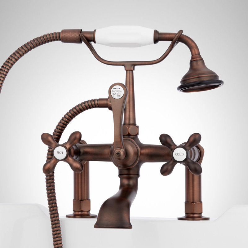 Robinet de baignoire romaine à fixation sur plateau avec poignées en croix de style téléphone, Bronze huilé