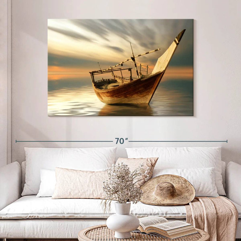 Bateau Mehar au coucher du soleil, H 32 po x l 48 po