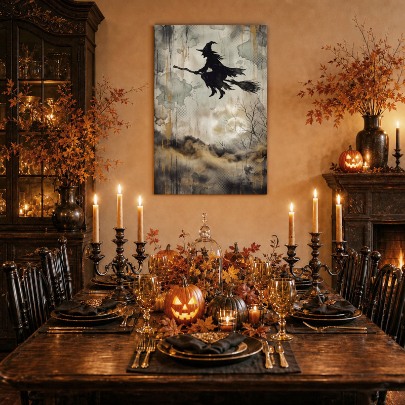 «Witch Silhouette Flying Over Moonlit Forest in Halloween», art mural sur toile, 18"H x 12"W