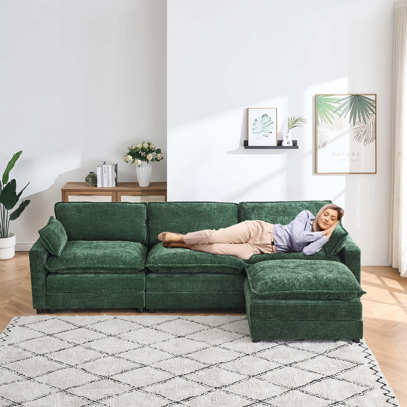 Canapé modulaire en L à 3 places en chenille de 113 po avec repose-pieds, 2 coussins et poches latérales Chenille - vert