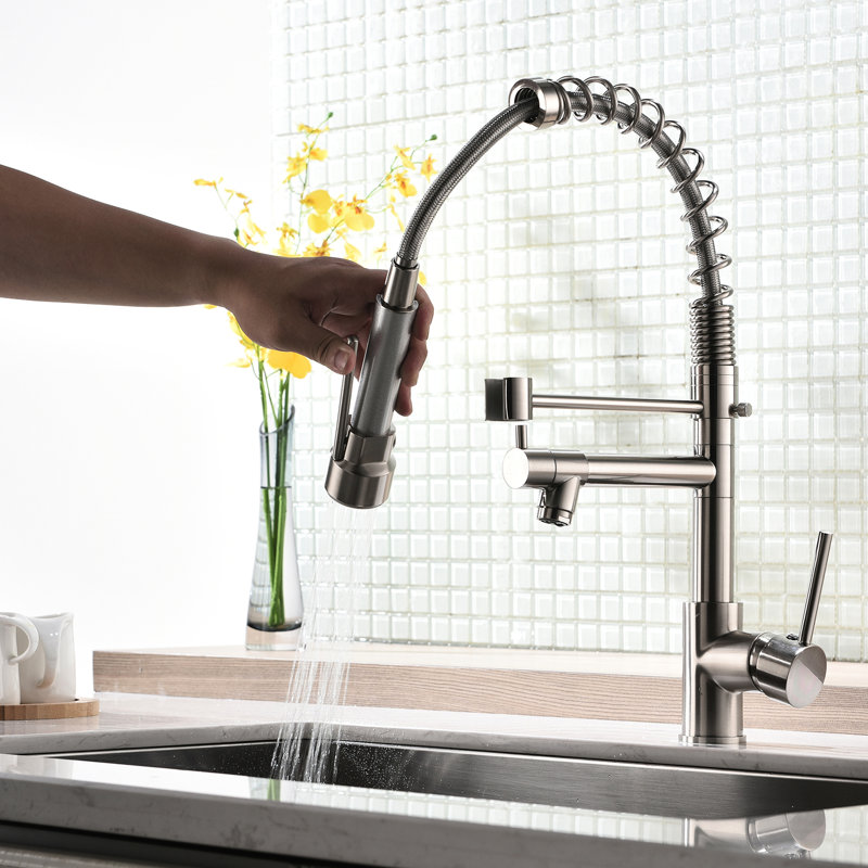 Robinet de cuisine à poignée simple en nickel brossé avec tirette, rotation à 360 degrés, lavabo élégant en nickel, levier, longue durée de vie