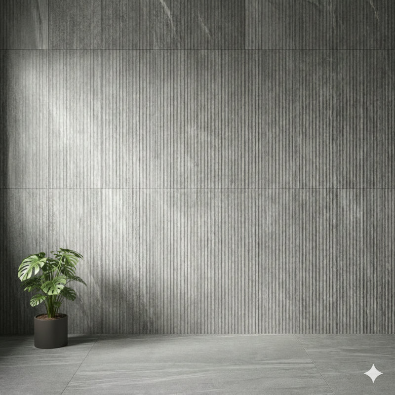 Véritables carreaux de marbre de Carrare dans une teinte grise, de taille 12 par 24 pouces, pour une utilisation sur les murs. La surface présente une finition texturée et un motif cannelé tridimensionnel en relief. Ceci est un produit en pierre naturelle authentique. Une seule boîte peut contenir quatre carreaux.