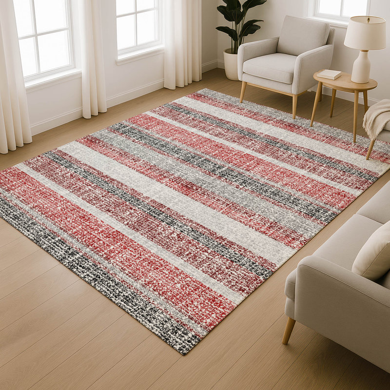 Premium Machine Washable Mayfield AMF2122 Striped Rug, Burgundy, 3' x 5'