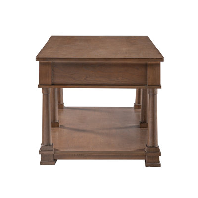 Farmhouse Wooden Coffee Table with 2 Storage Drawers & Lower Open Shelf, Rectangular Cocktail Table with Solid Wood Legs for Living Room