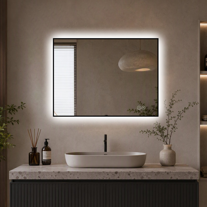 Ensemble de 1 miroir de salle de bain à DEL 32 po x 24 po x 0,59 po en aluminium, anti-buée noir rétroéclairé à DEL, à intensité variable, 3 températures de couleur, fonction mémoire