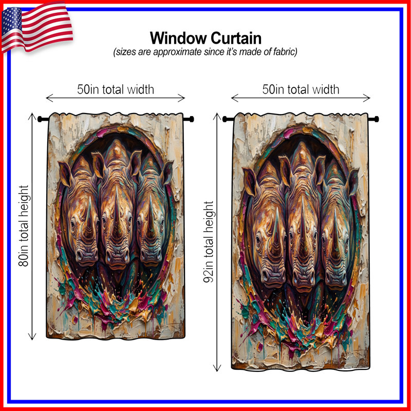 Trois rhinocéros peignant des rideaux, des voilages et des rideaux occultants - 1 panneau, 50" x 92" - 1 Panel, Sheer