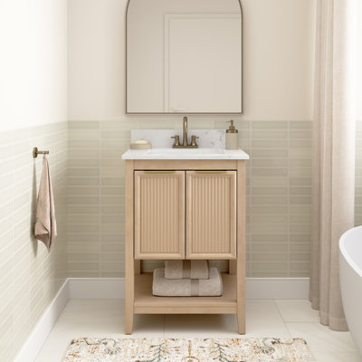 24” Bathroom Vanity with Sink, Fluted Cabinet, Faux Marble Top, Modern Style, Natural Birch