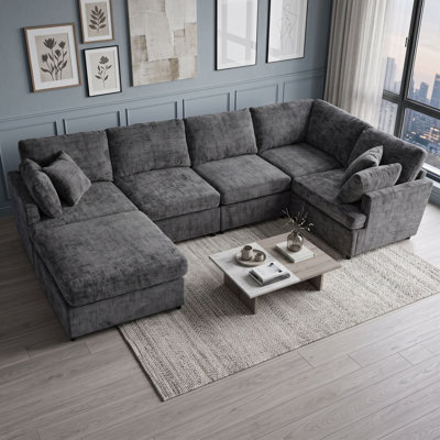 6-Piece Modular Sectional Sofa with Movable Ottoman, Soft Chenille Upholstery and Solid Wood Frame