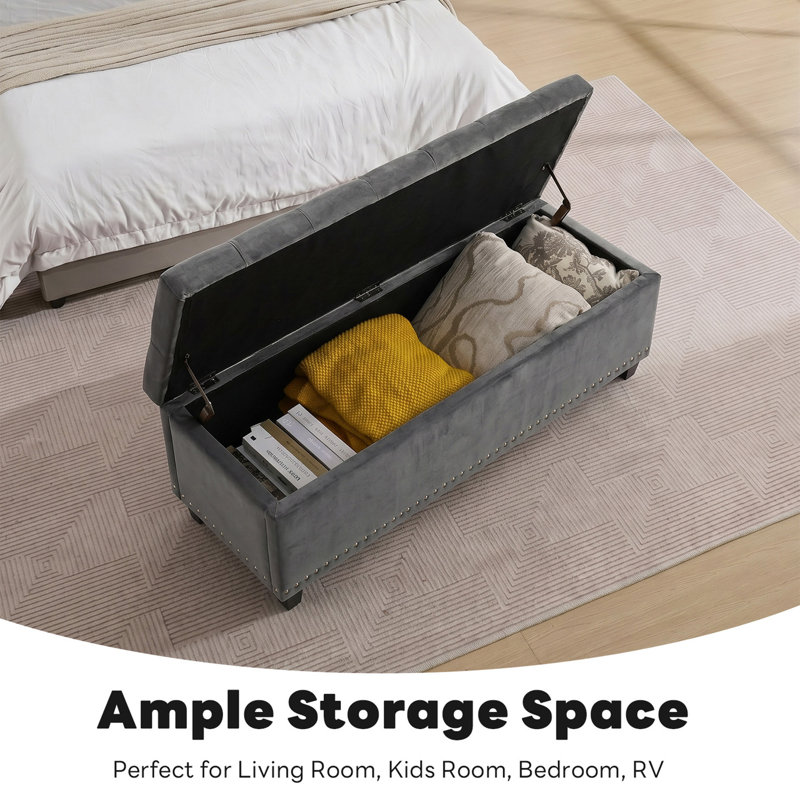 Espana 51'' Upholstered Tufted Storage Ottoman, Gray Velvet