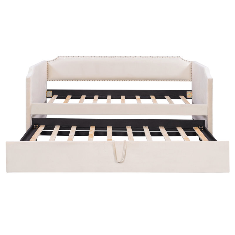 Lit d'invité simple en velours rembourré avec lit gigogne escamotable et rangement, beige, lit d'invité peu encombrant