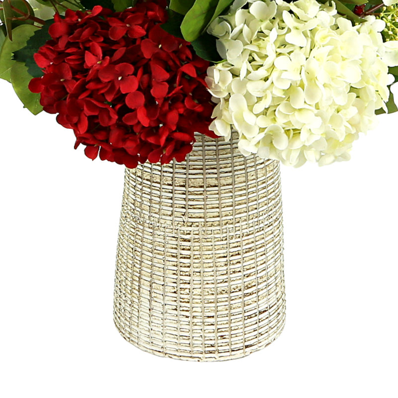 Red and White Hydrangea and Protea Floral Arrangement in Cream Clay Vase