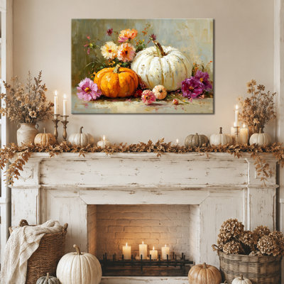 Art mural d'automne en toile citrouille, art mural citrouille avec fleurs d'automne, décoration murale photos d'automne, art mural en toile d'automne pour salon de campagne ou salle à manger, 20 po x 30 po