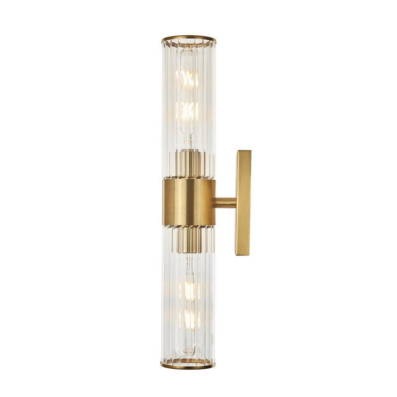 Dimmable 2-Light Bathroom Vanity Light – Distressed Aged Brass Finish with Clear Ribbed Glass Shades