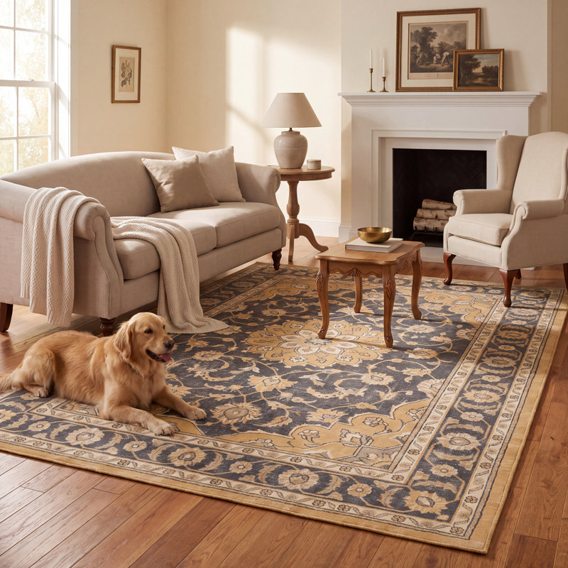 Tapis traditionnel persan à médaillon délavé en épine-vinette, coloris or, gris, vert et ivoire, antidérapant, à poils courts, idéal pour l'intérieur et l'extérieur, adapté aux animaux domestiques, pour salon, chambre, salle à manger, entrée, couloir, bureau. Lavable.