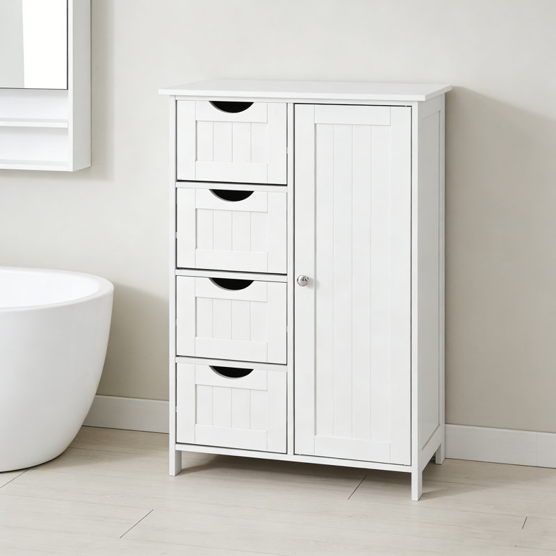 White Freestanding Bathroom Floor Cabinet With Adjustable Shelf & Drawers